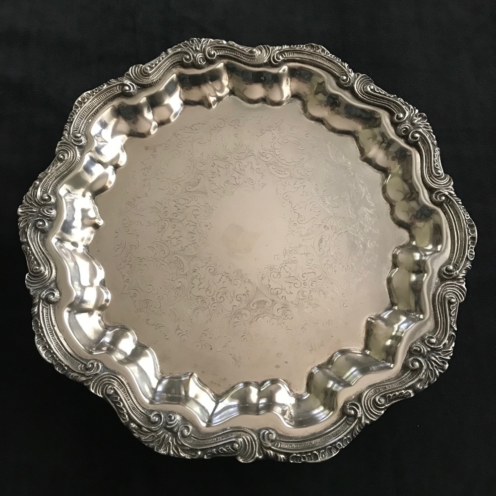 Vintage Serving Platter Footed Silverplate Round 12.5" Diameter Heavy Etched